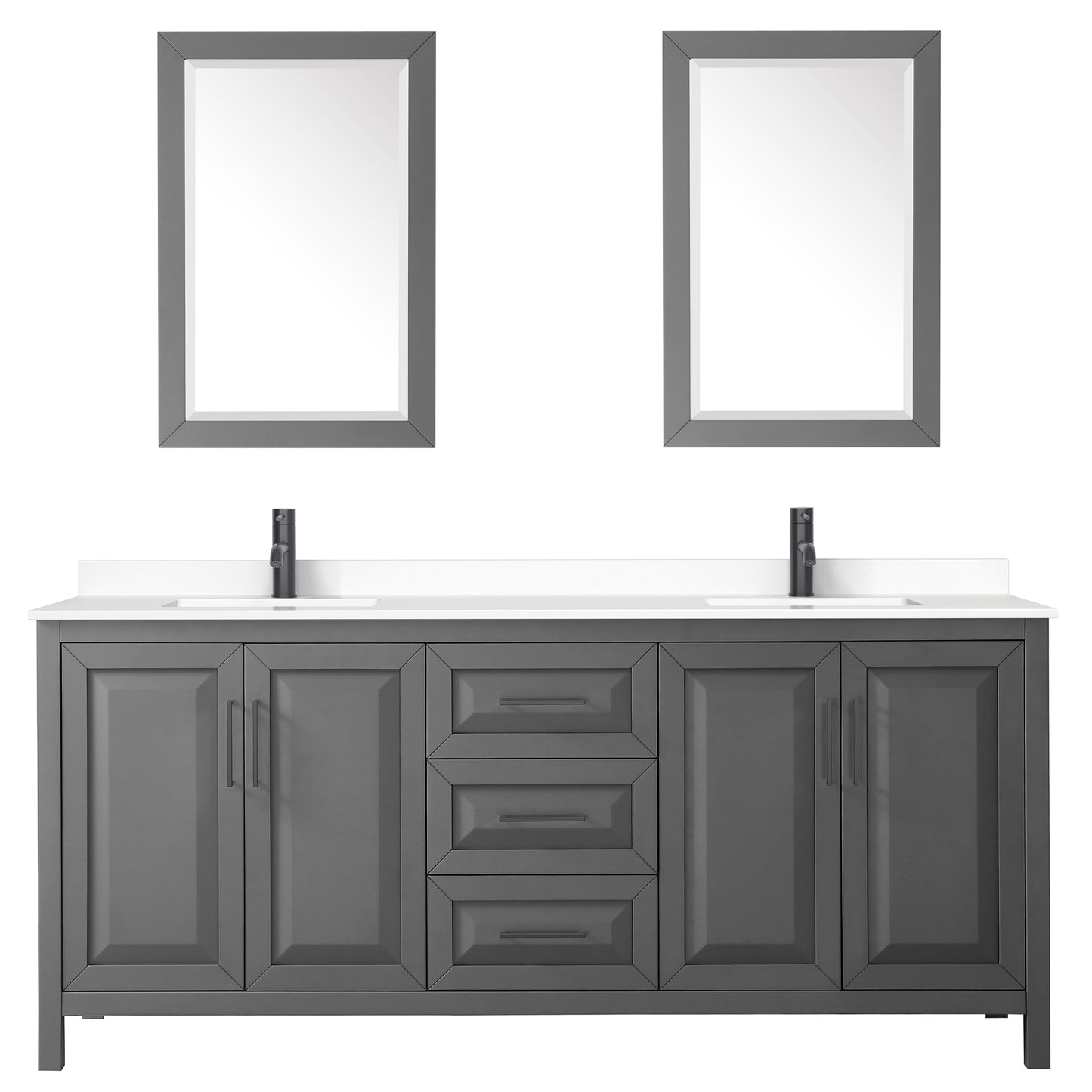 Daria 80" Double Vanity in Dark Gray, White Marble Top, Black Trim, 24" Mirrors