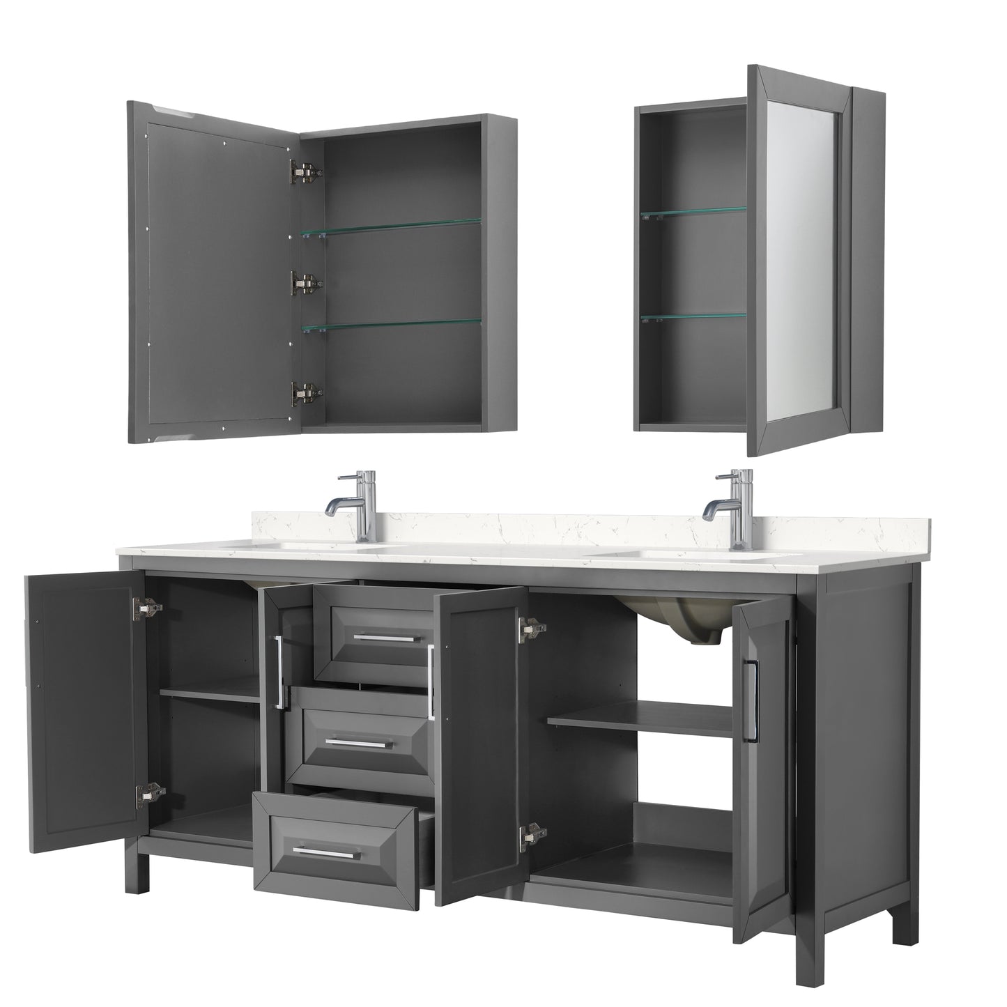 Daria 80" Double Vanity in Gray, Carrara Cultured Marble Top, Medicine Cabinets