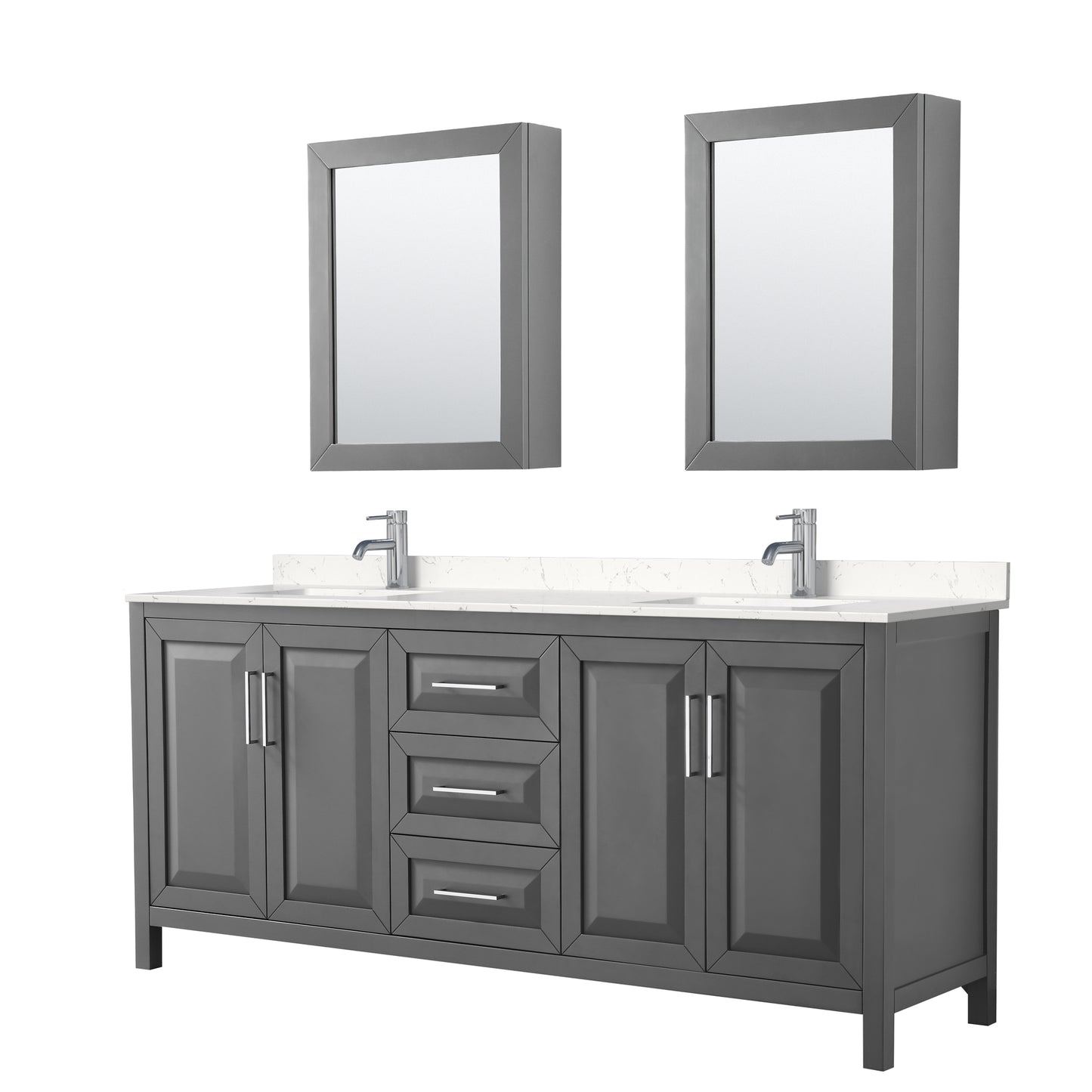 Daria 80" Double Vanity in Gray, Carrara Cultured Marble Top, Medicine Cabinets