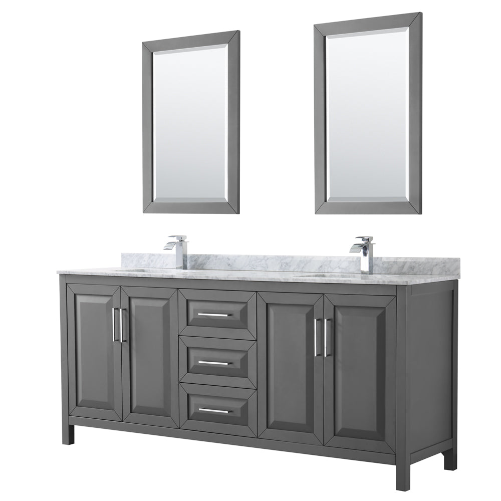 Daria 80 inch Double Bathroom Vanity in Dark Gray, White Carrara Marble Countertop, Undermount Square Sinks, and 24 inch Mirrors