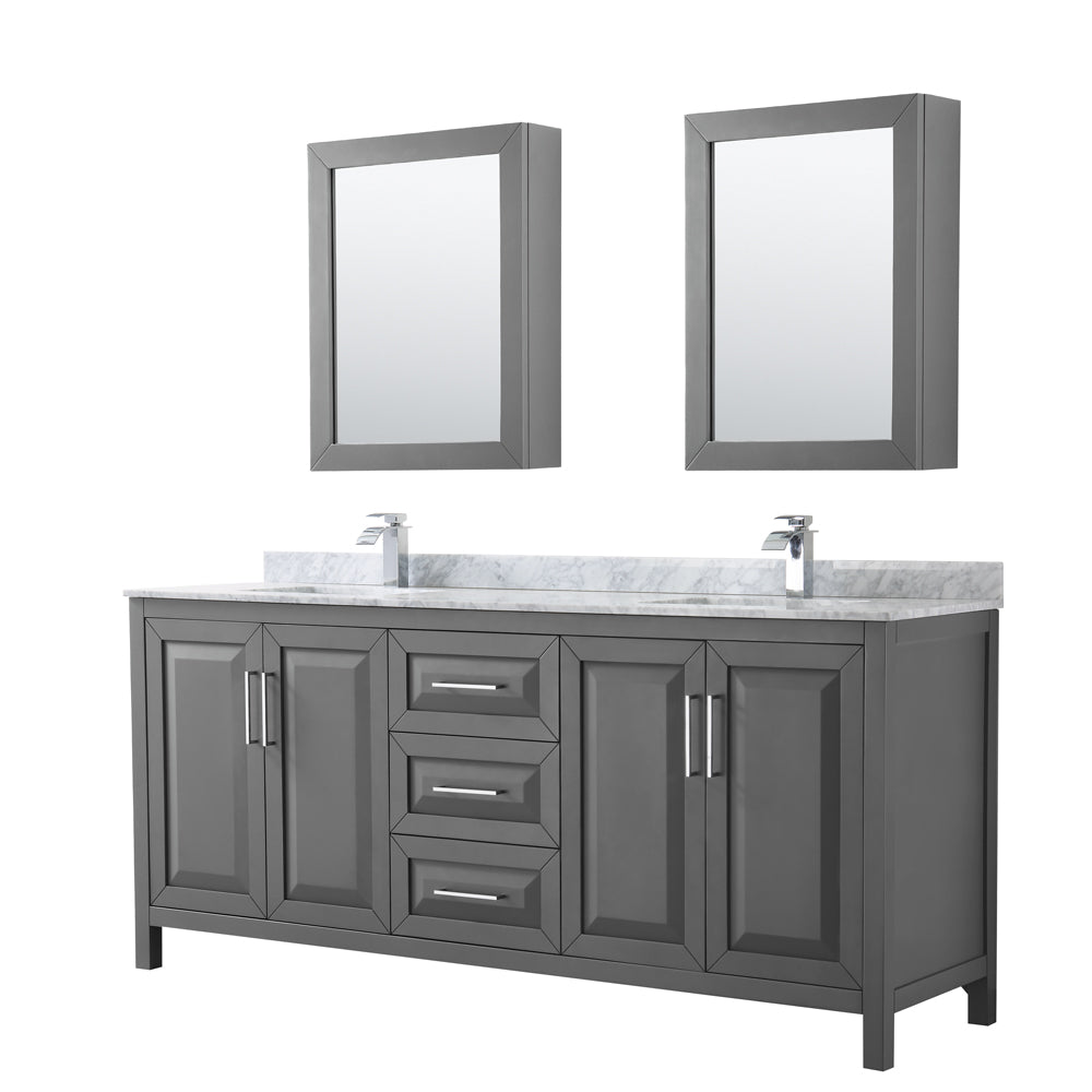 Daria 80 inch Double Bathroom Vanity in Dark Gray, White Carrara Marble Countertop, Undermount Square Sinks, and Medicine Cabinets