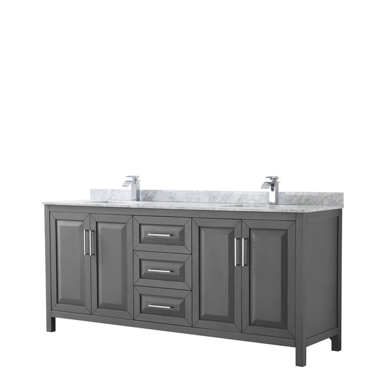 Daria 80 inch Double Bathroom Vanity in Dark Gray, White Carrara Marble Countertop, Undermount Square Sinks, and No Mirror