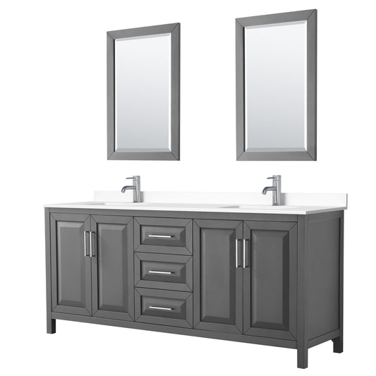 Daria 80" Double Vanity in Dark Gray, White Cultured Marble Top, 24" Mirrors