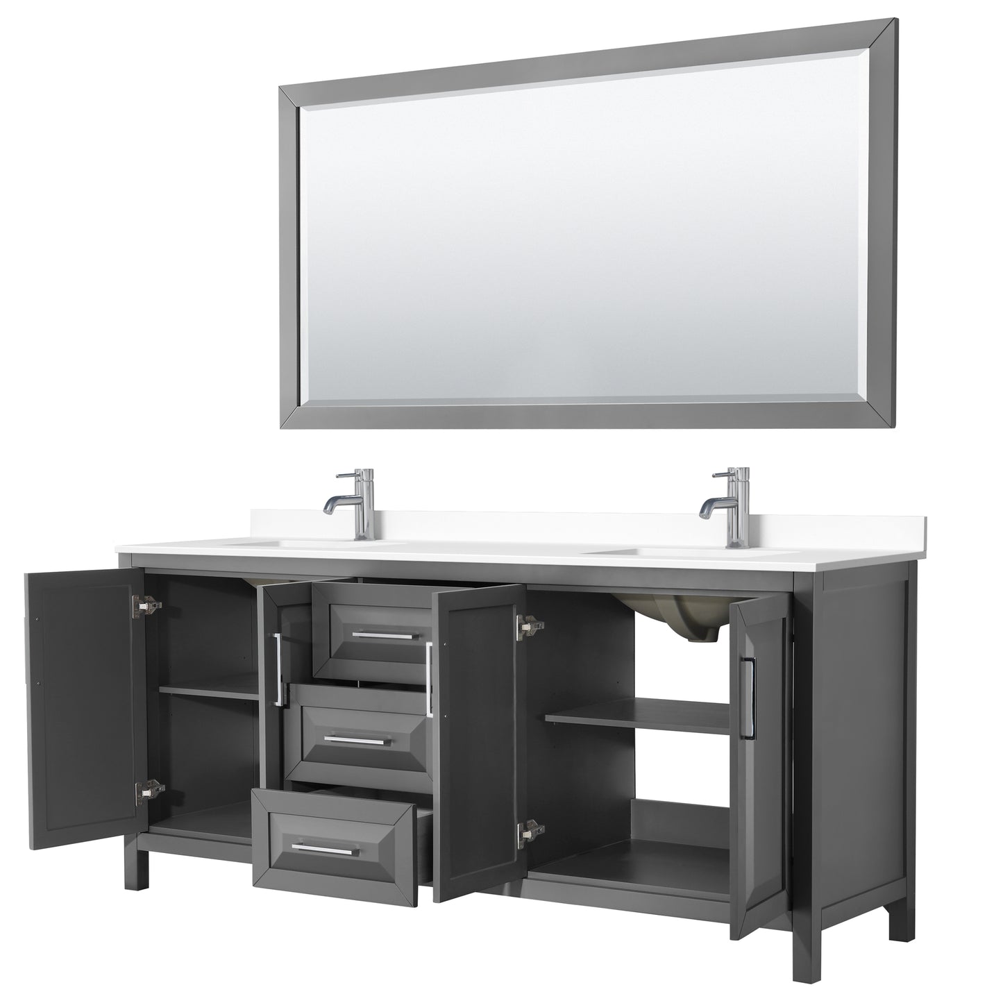 Daria 80" Double Vanity in Dark Gray, White Cultured Marble Top, 70" Mirror
