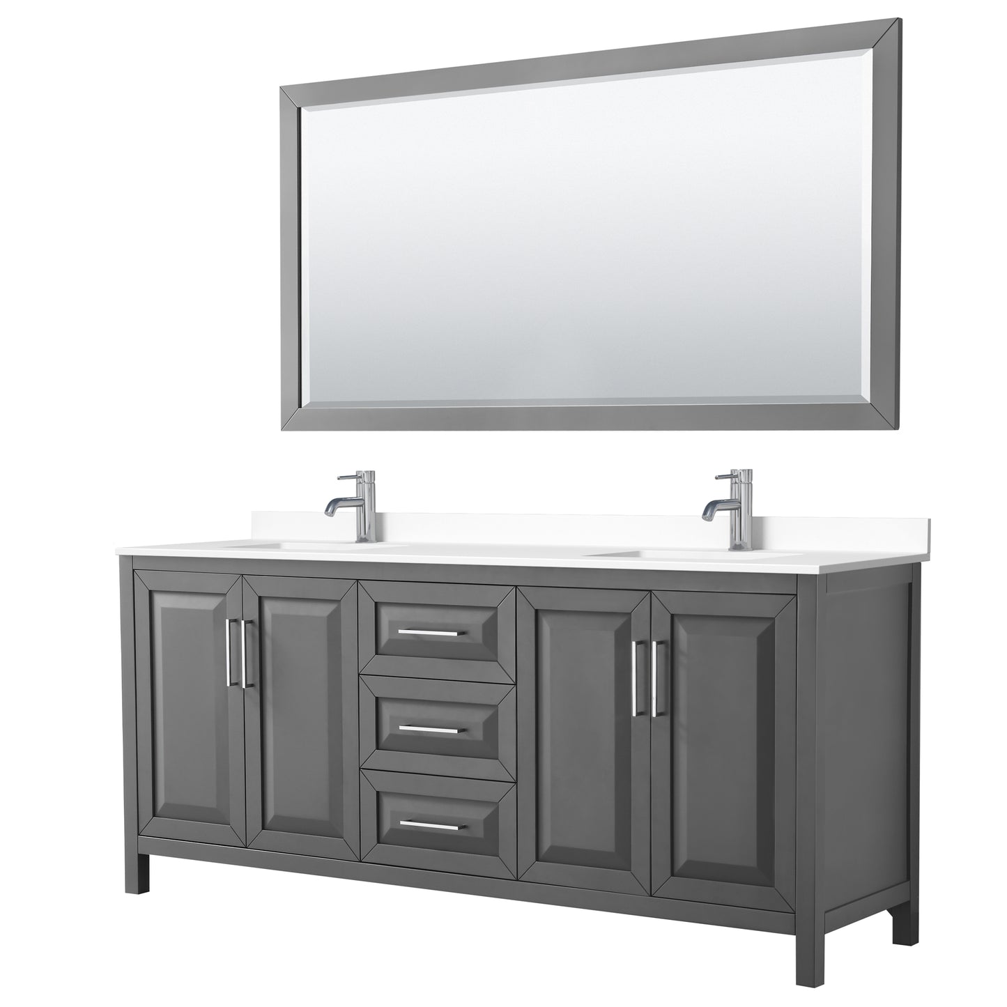 Daria 80" Double Vanity in Dark Gray, White Cultured Marble Top, 70" Mirror
