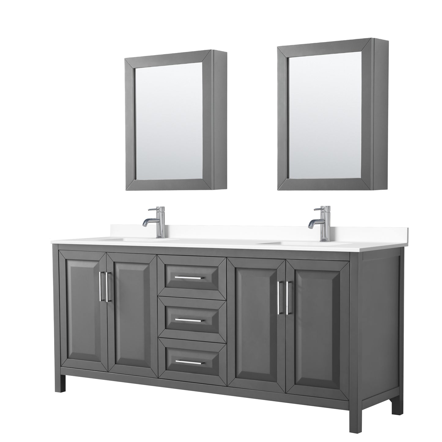 Daria 80" Double Vanity in Gray, White Cultured Marble Top, Medicine Cabinets