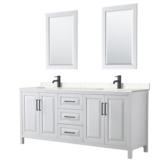Daria 80" Double Vanity in White, Carrara Marble Top, Black Trim, 24" Mirrors