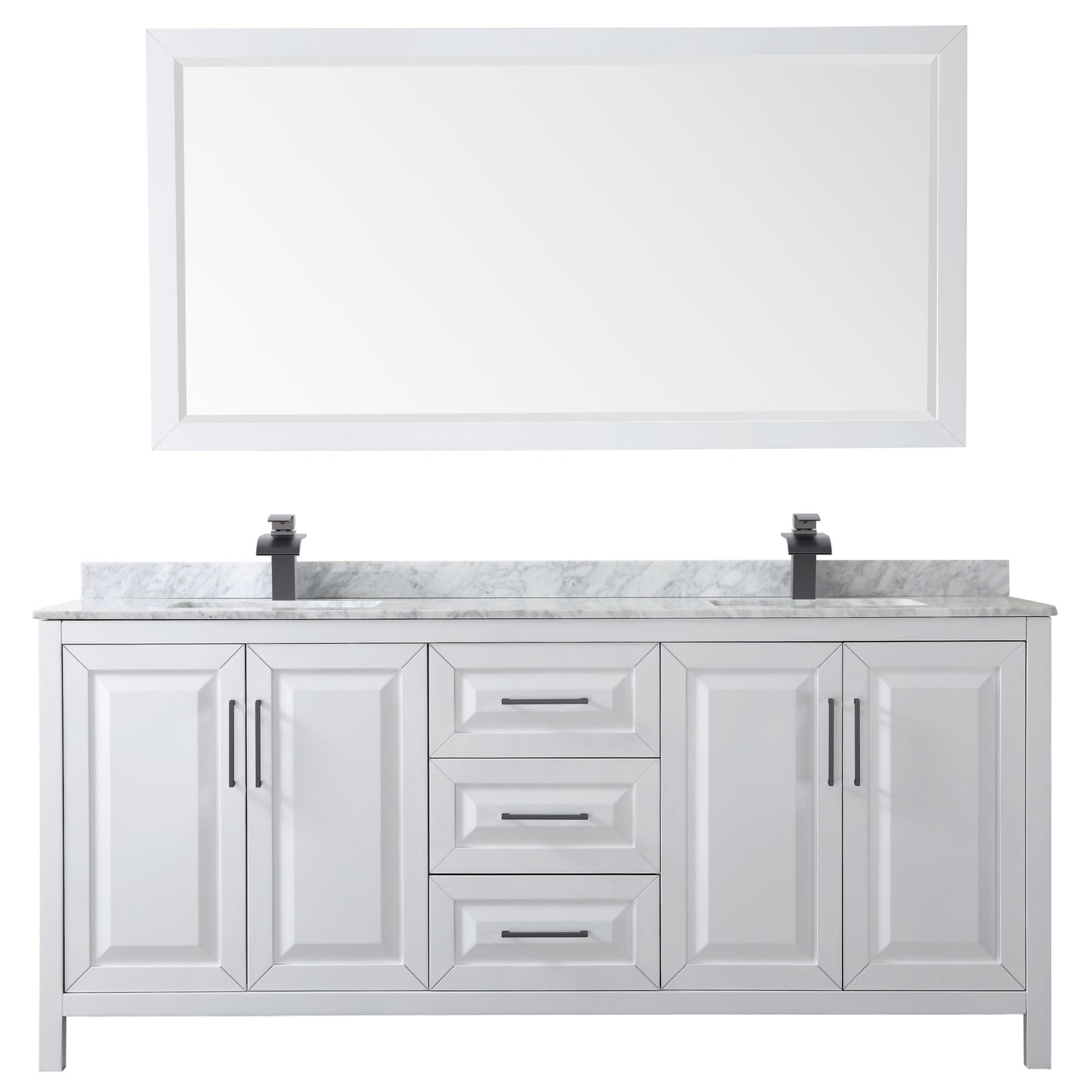 Daria 80" Double Vanity in White, Top, Square Matte Black Trim, 70" Mirror
