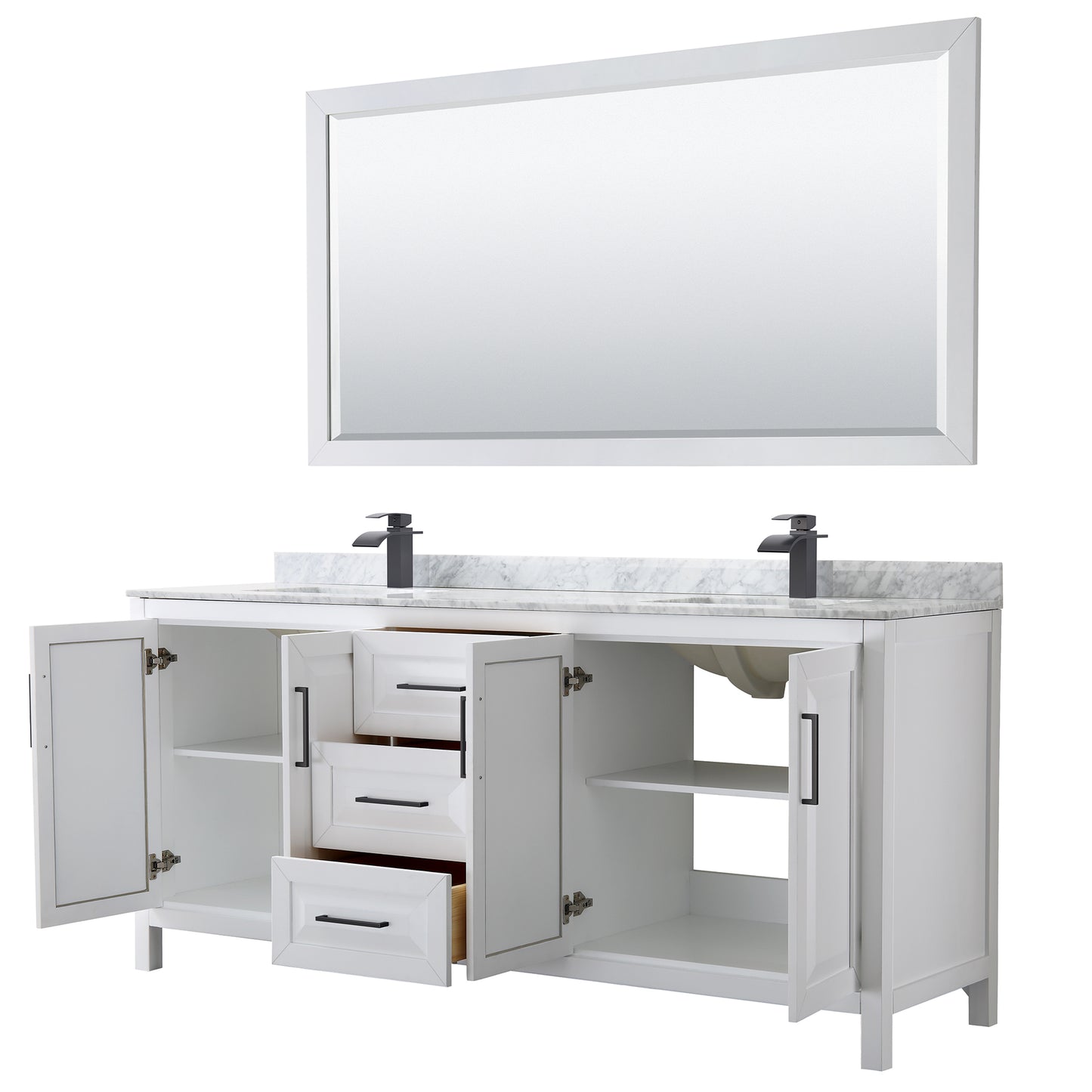 Daria 80" Double Vanity in White, Top, Square Matte Black Trim, 70" Mirror