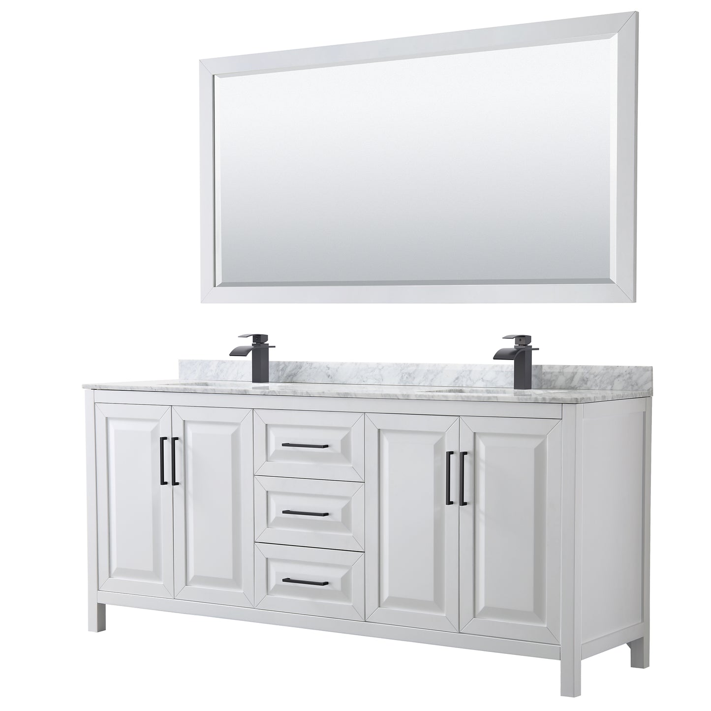 Daria 80" Double Vanity in White, Top, Square Matte Black Trim, 70" Mirror