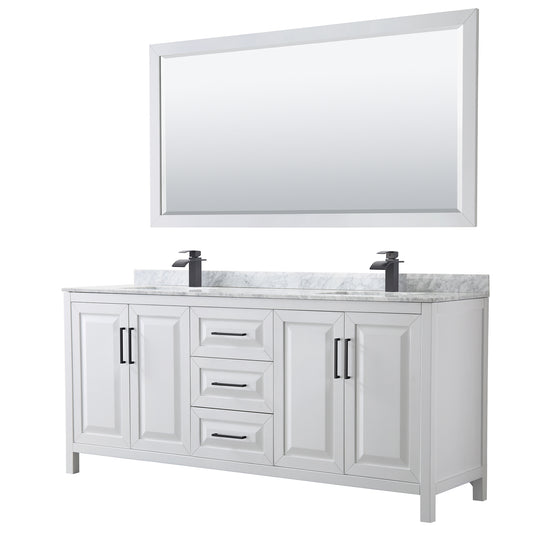 Daria 80" Double Vanity in White, Top, Square Matte Black Trim, 70" Mirror