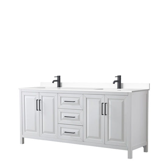 Daria 80" Double Vanity in White, White Cultured Marble Top, Black Trim