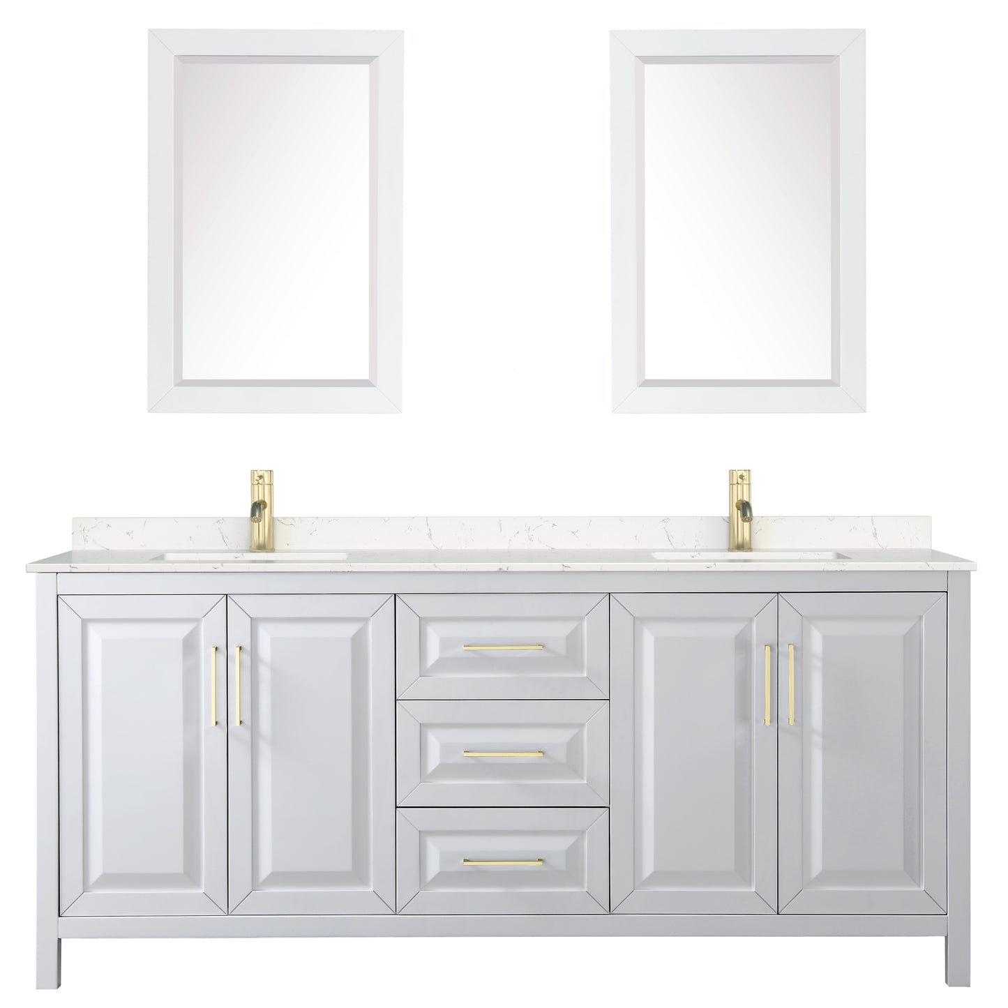 Daria 80" White Double Vanity, Carrara Marble Top, 24" Mirrors, Gold Trim