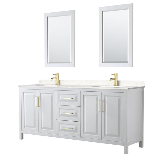 Daria 80" White Double Vanity, Carrara Marble Top, 24" Mirrors, Gold Trim