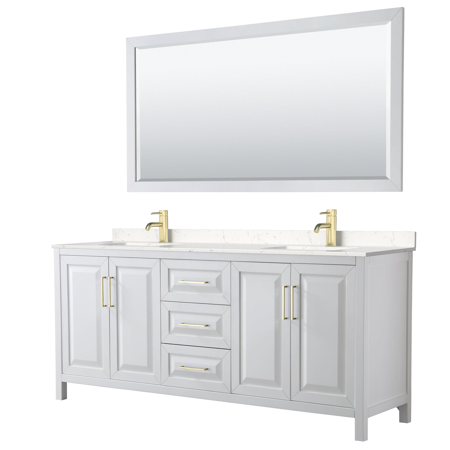 Daria 80" White Double Vanity, Carrara Marble Top, 70" Mirror, Brushed Gold Trim