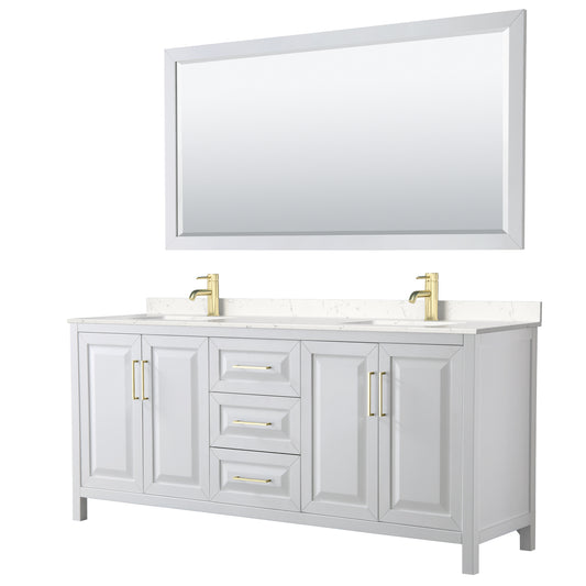Daria 80" White Double Vanity, Carrara Marble Top, 70" Mirror, Brushed Gold Trim