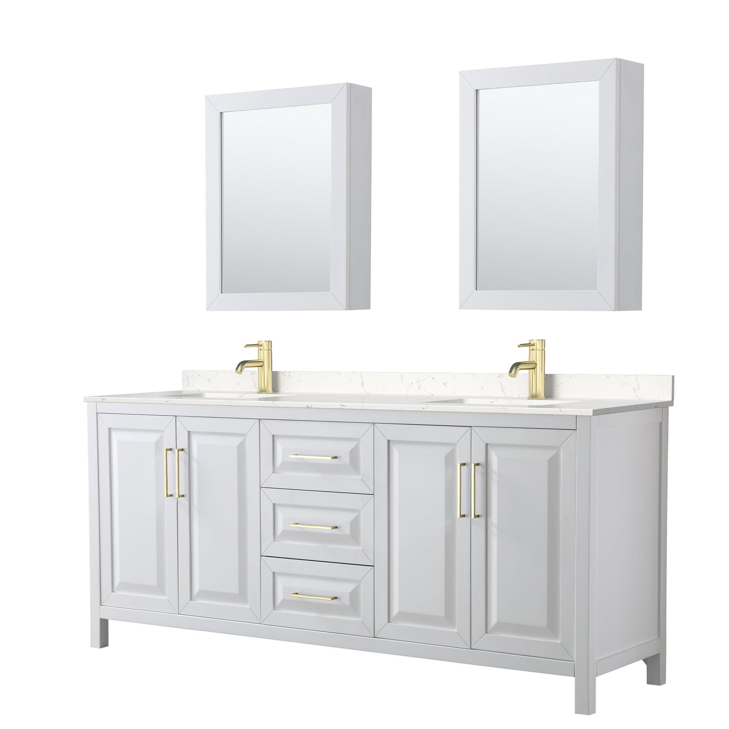 Daria 80" White Double Vanity, Carrara Marble Top, Medicine Cabinets, Gold Trim