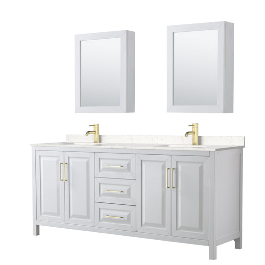 Daria 80" White Double Vanity, Carrara Marble Top, Medicine Cabinets, Gold Trim