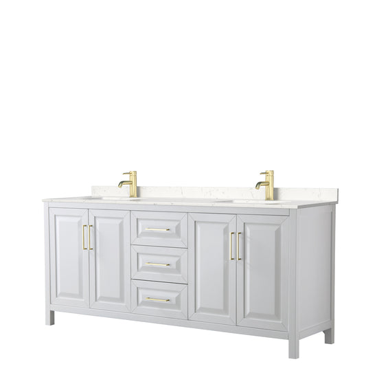 Daria 80" Double Vanity in White, Carrara Cultured Marble Top, Gold Trim