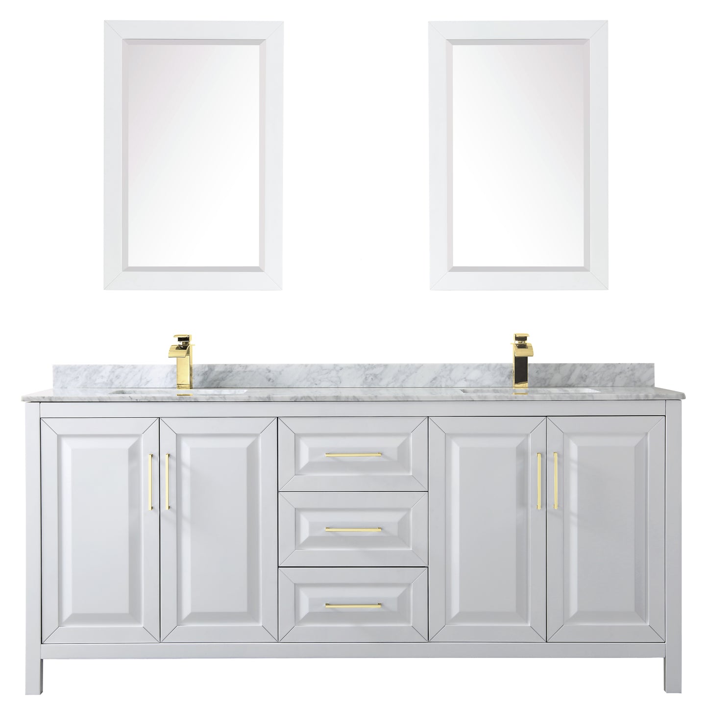 Daria 80" Double Vanity in White, Top, Square 24" Mirrors, Brushed Gold Trim