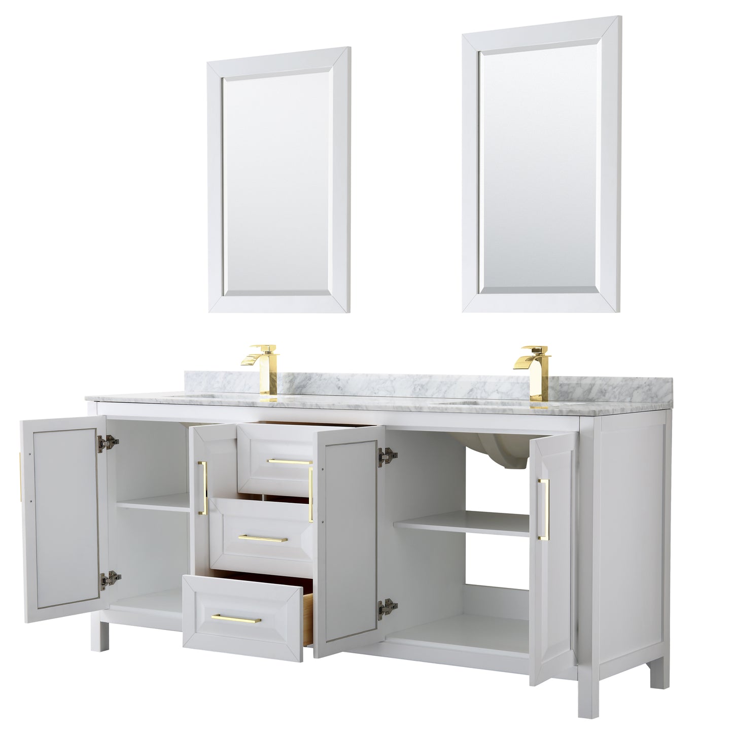 Daria 80" Double Vanity in White, Top, Square 24" Mirrors, Brushed Gold Trim