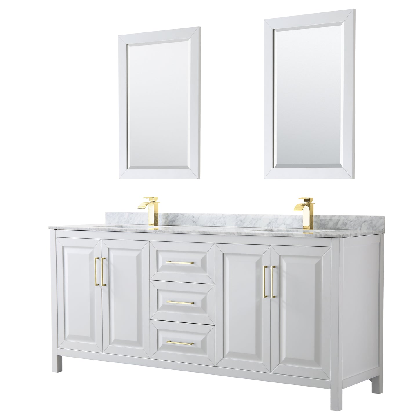 Daria 80" Double Vanity in White, Top, Square 24" Mirrors, Brushed Gold Trim