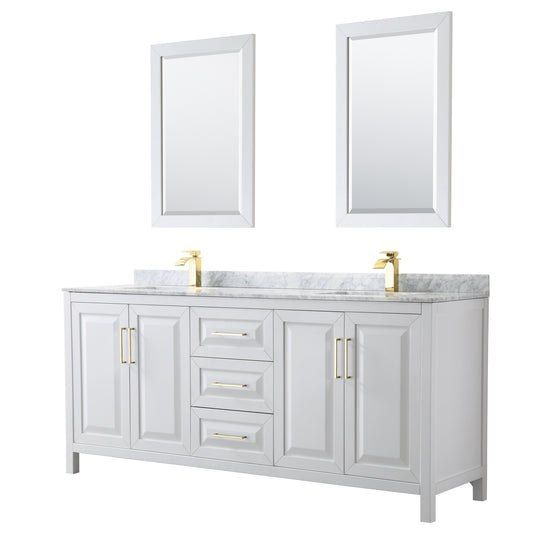 Daria 80" Double Vanity in White, Top, Square 24" Mirrors, Brushed Gold Trim