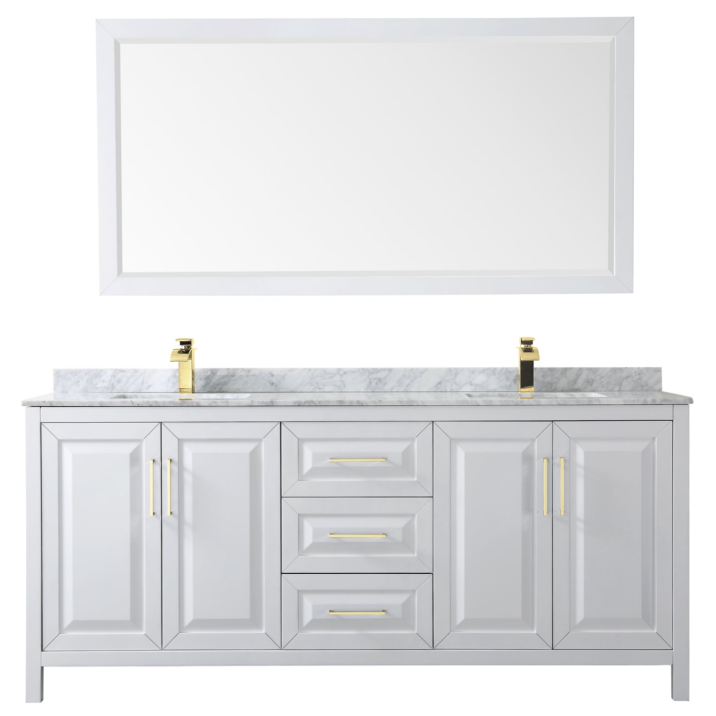 Daria 80" Double Vanity in White, Top, Square 70" Mirror, Brushed Gold Trim
