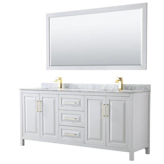 Daria 80" Double Vanity in White, Top, Square 70" Mirror, Brushed Gold Trim