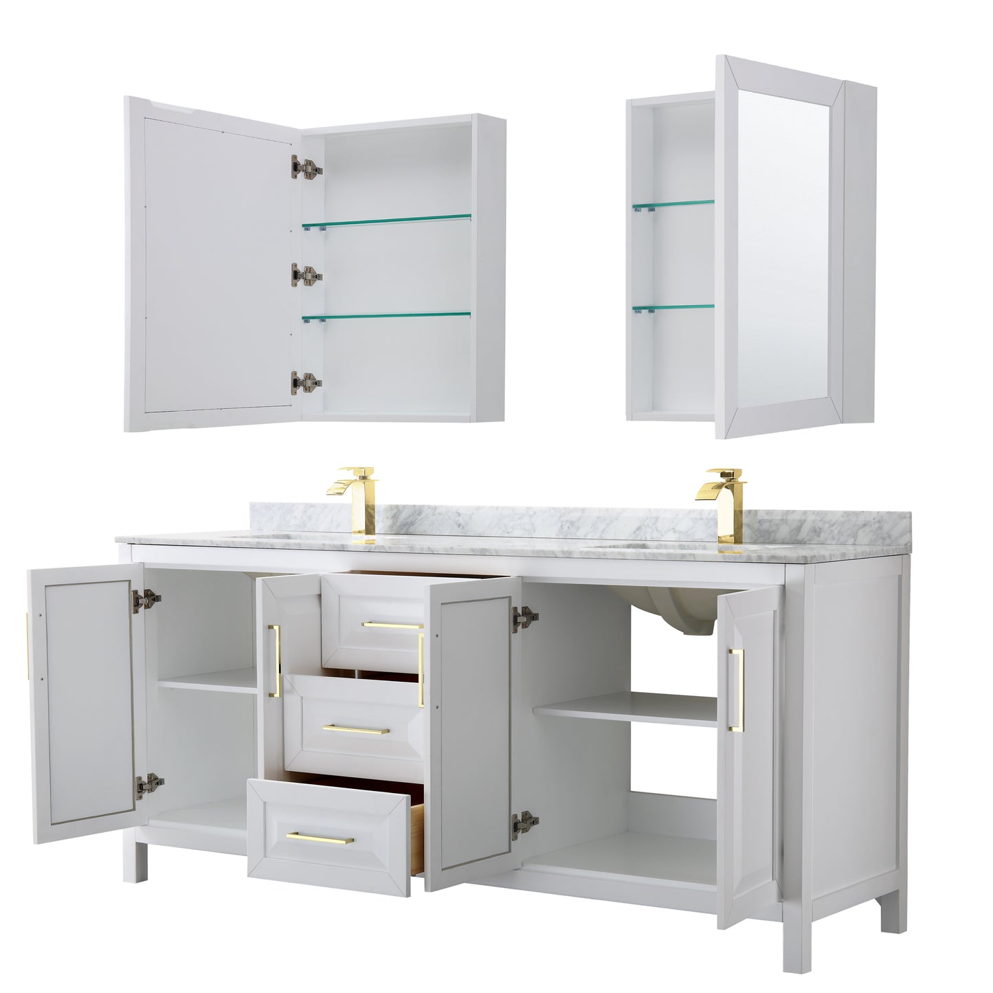 Daria 80" Double Vanity in White, Top, Medicine Cabinets, Brushed Gold Trim