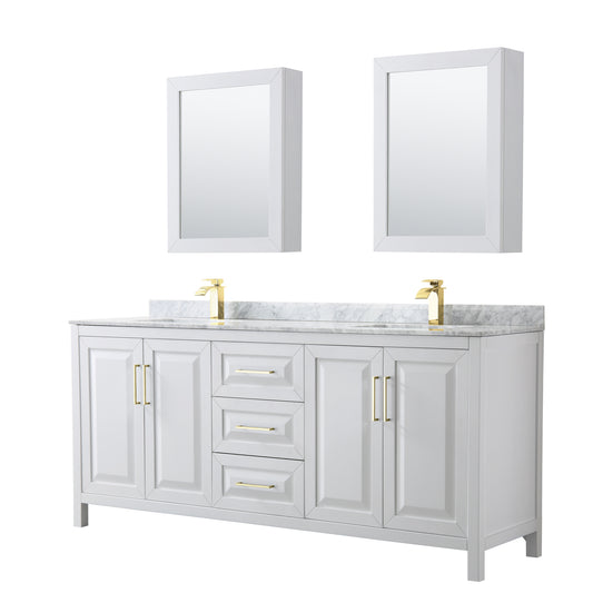 Daria 80" Double Vanity in White, Top, Medicine Cabinets, Brushed Gold Trim