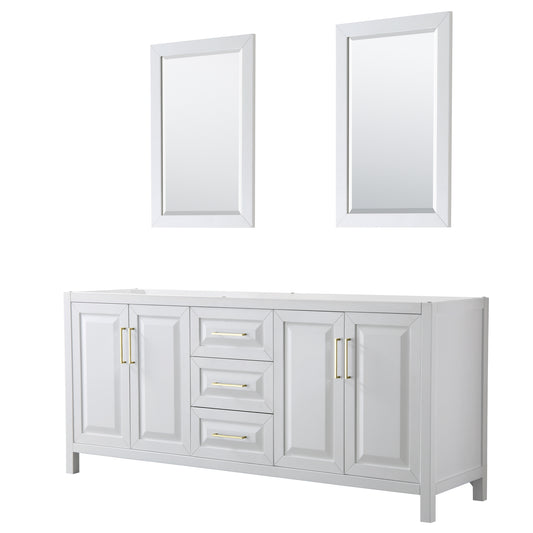 Daria 80" Double Vanity in White, No Top, No 24" Mirrors, Brushed Gold Trim