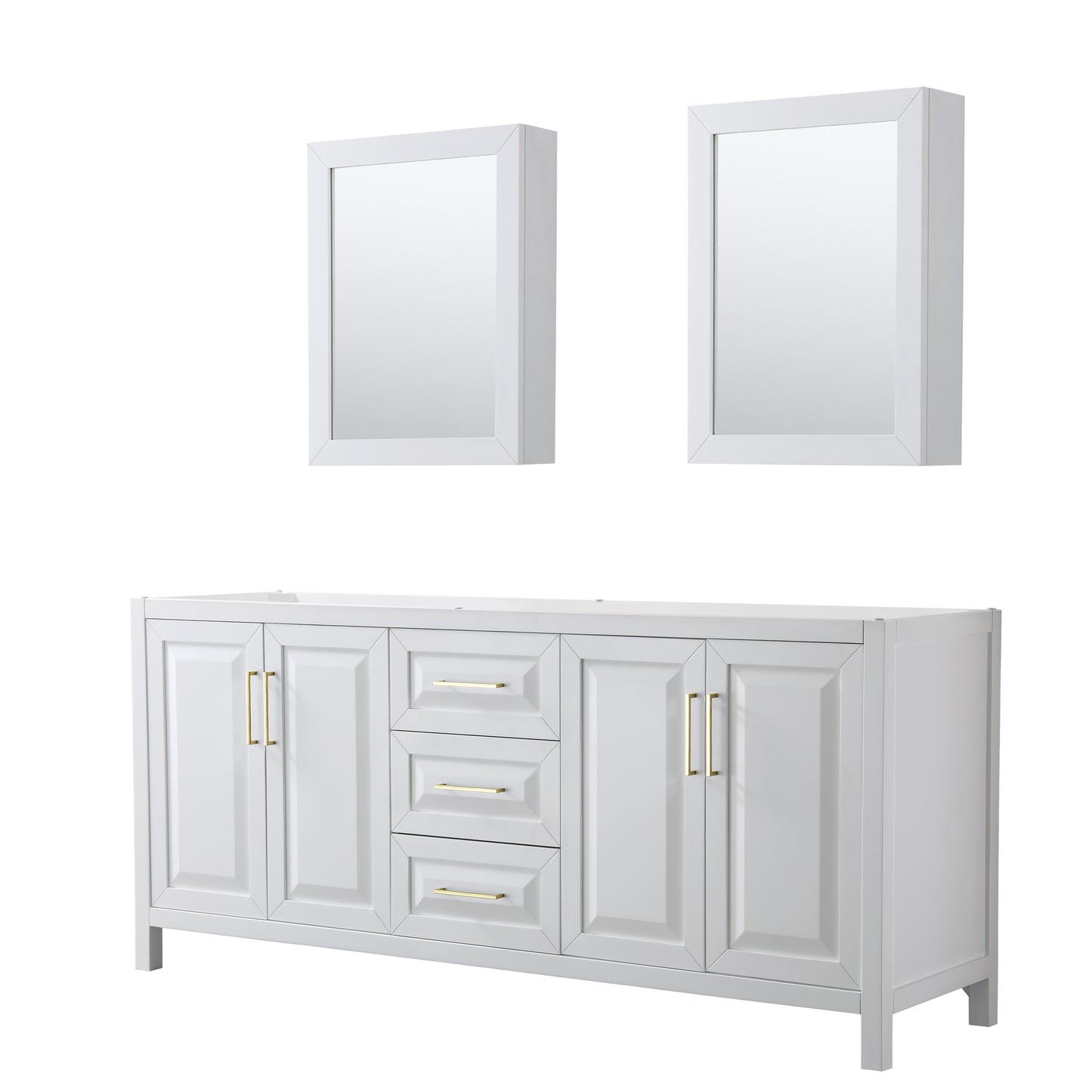 Daria 80" Double Vanity in White, No Top, Medicine Cabinets, Brushed Gold Trim