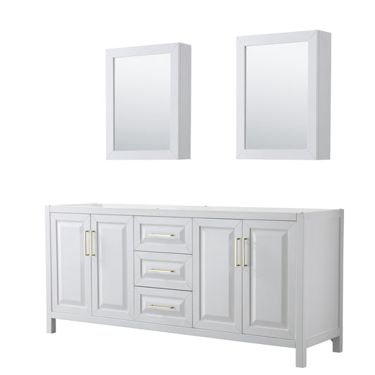 Daria 80" Double Vanity in White, No Top, Medicine Cabinets, Brushed Gold Trim