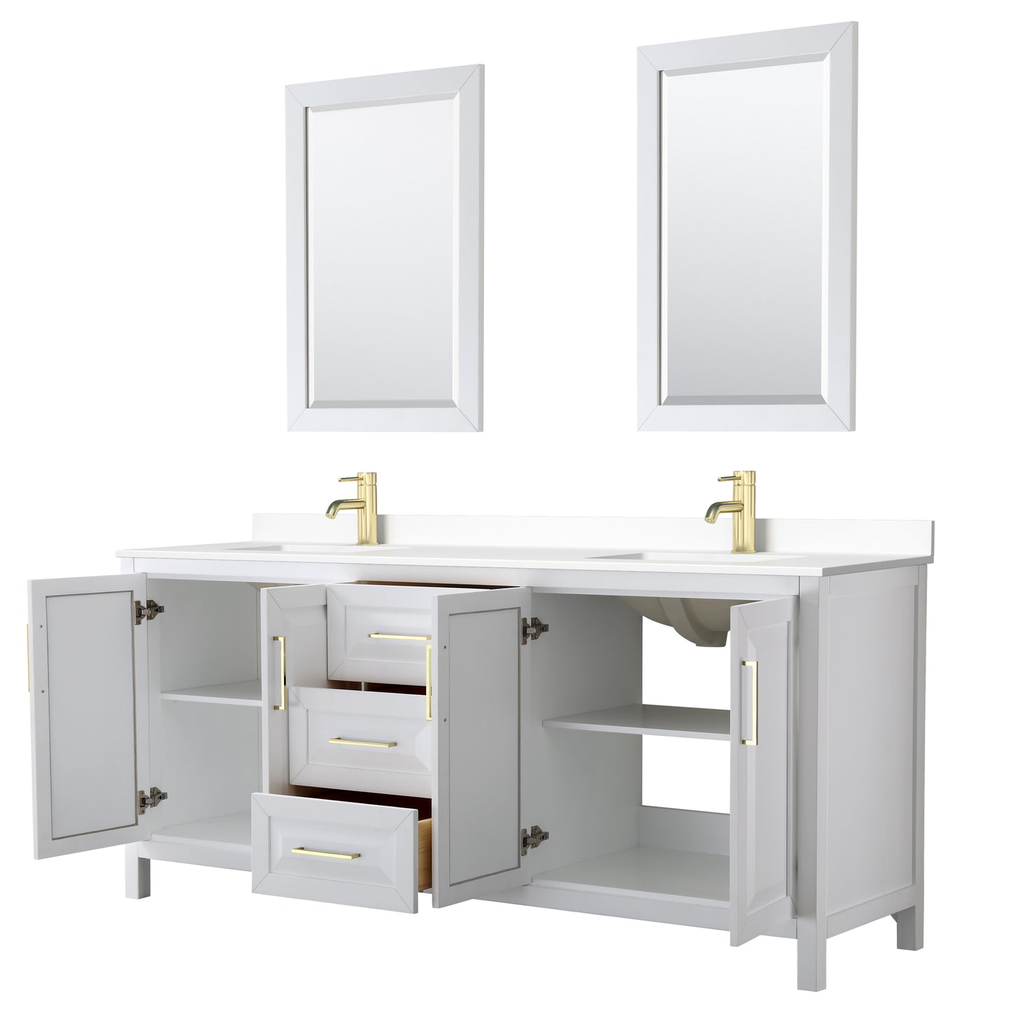 Daria 80" White Double Vanity, White Marble Top, 24" Mirrors, Brushed Gold Trim