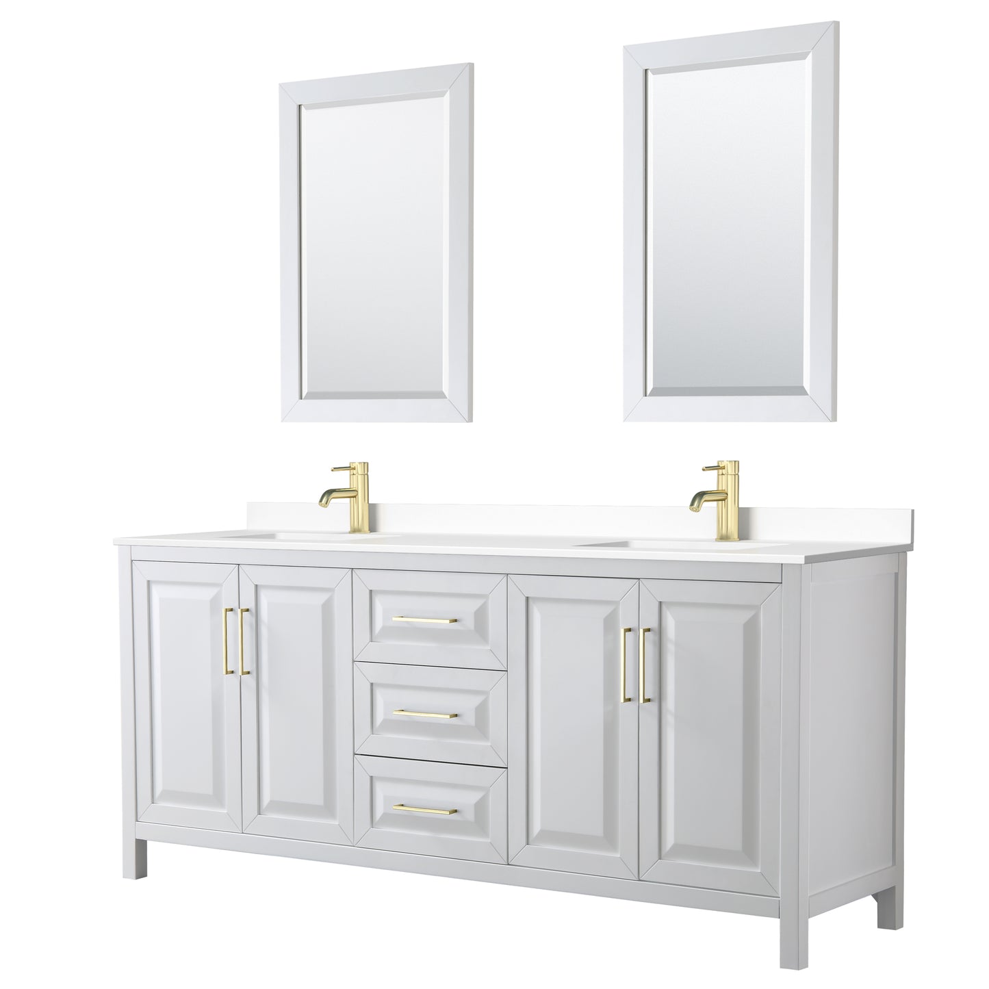 Daria 80" White Double Vanity, White Marble Top, 24" Mirrors, Brushed Gold Trim