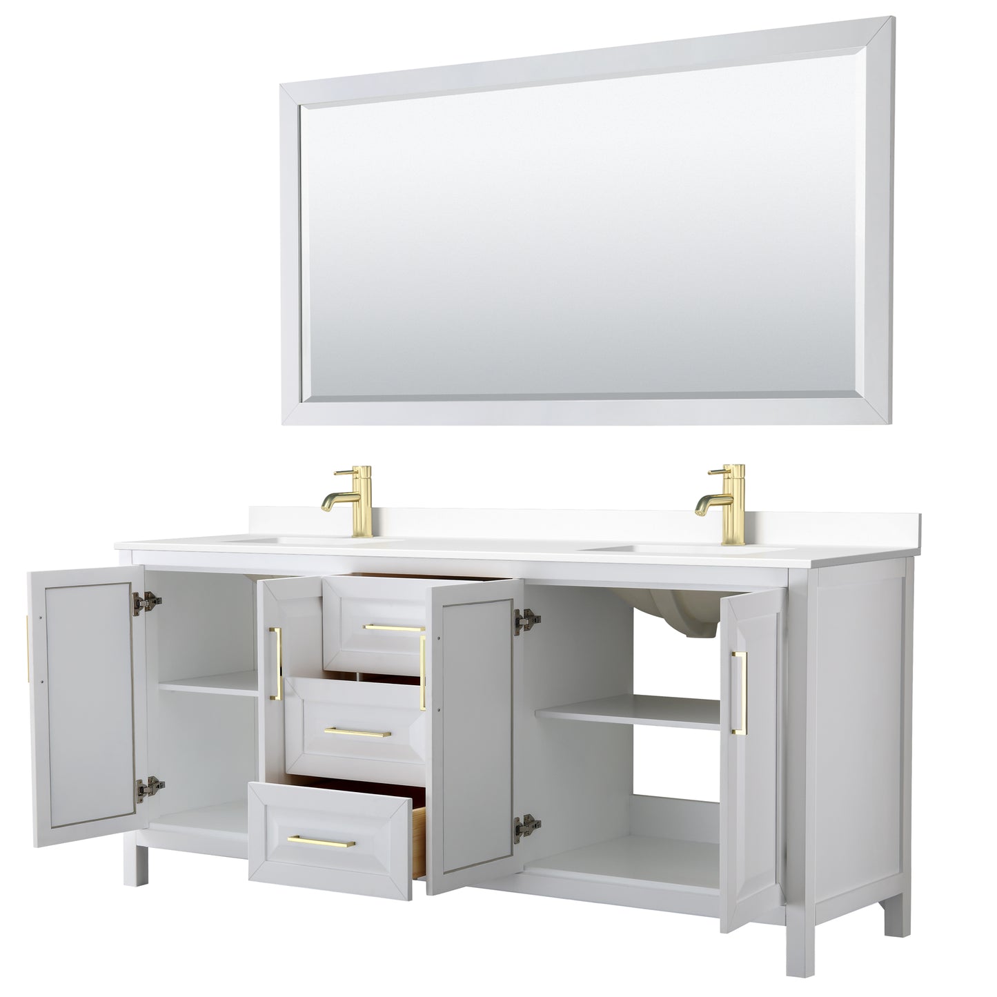 Daria 80" White Double Vanity, White Marble Top, 70" Mirror, Brushed Gold Trim