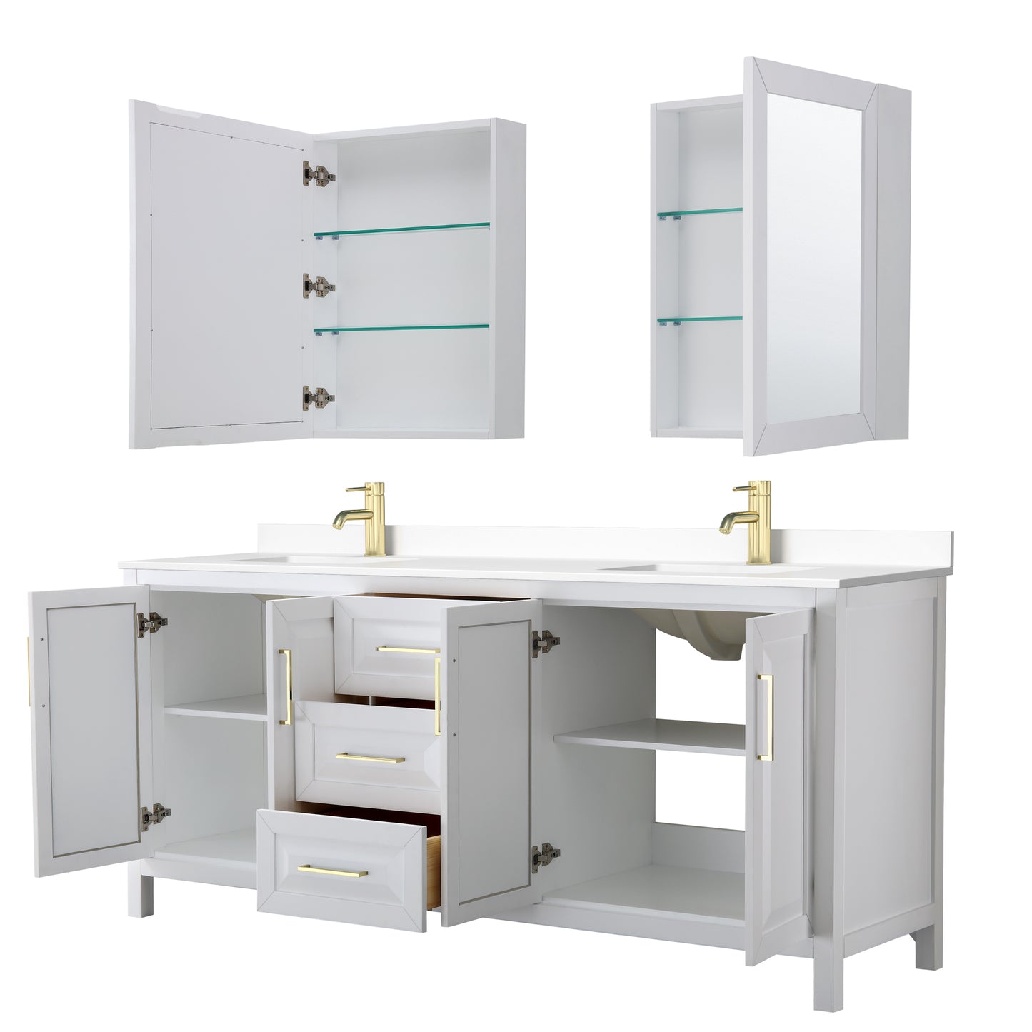 Daria 80" White Double Vanity, White Marble Top, Medicine Cabinets, Gold Trim