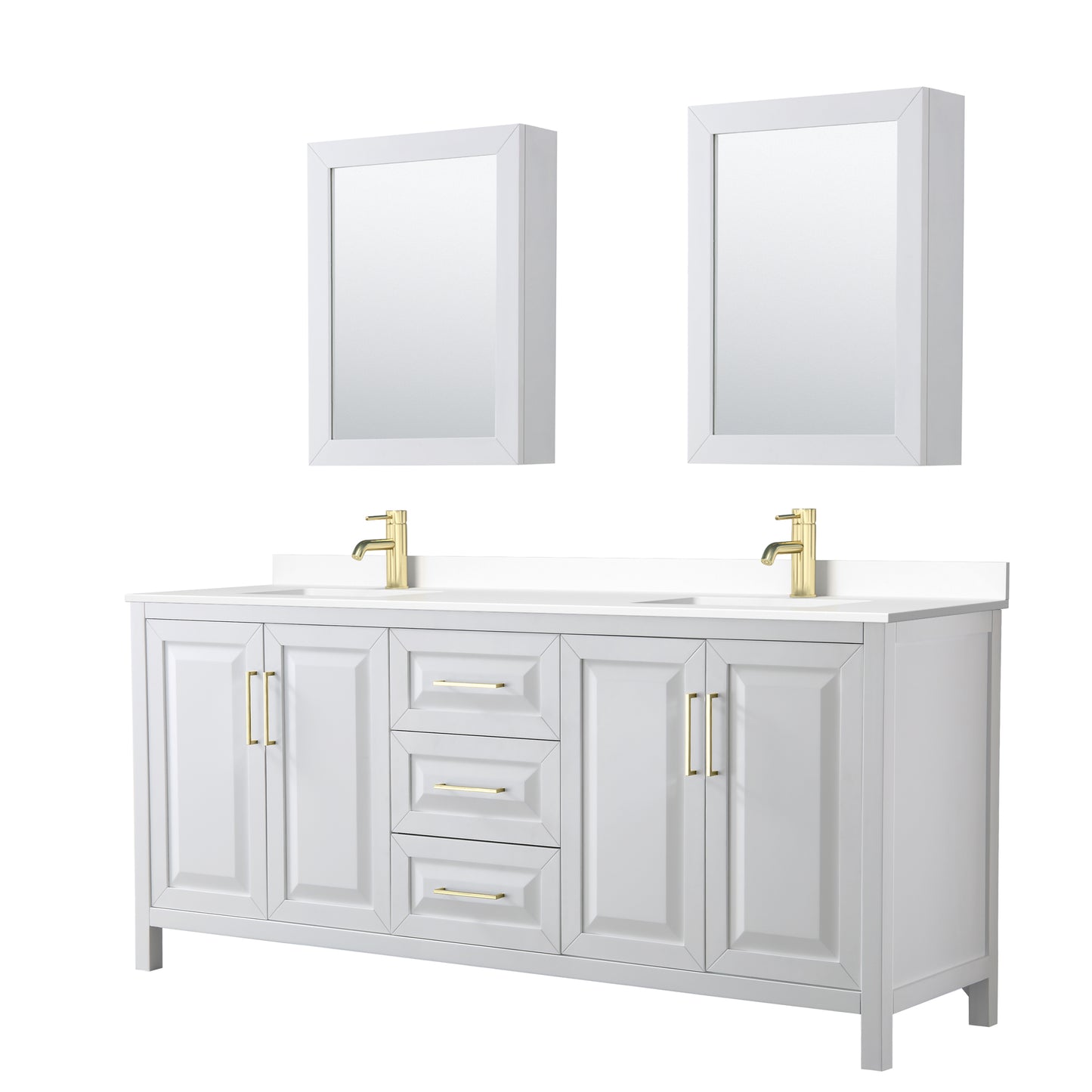Daria 80" White Double Vanity, White Marble Top, Medicine Cabinets, Gold Trim