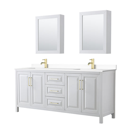 Daria 80" White Double Vanity, White Marble Top, Medicine Cabinets, Gold Trim