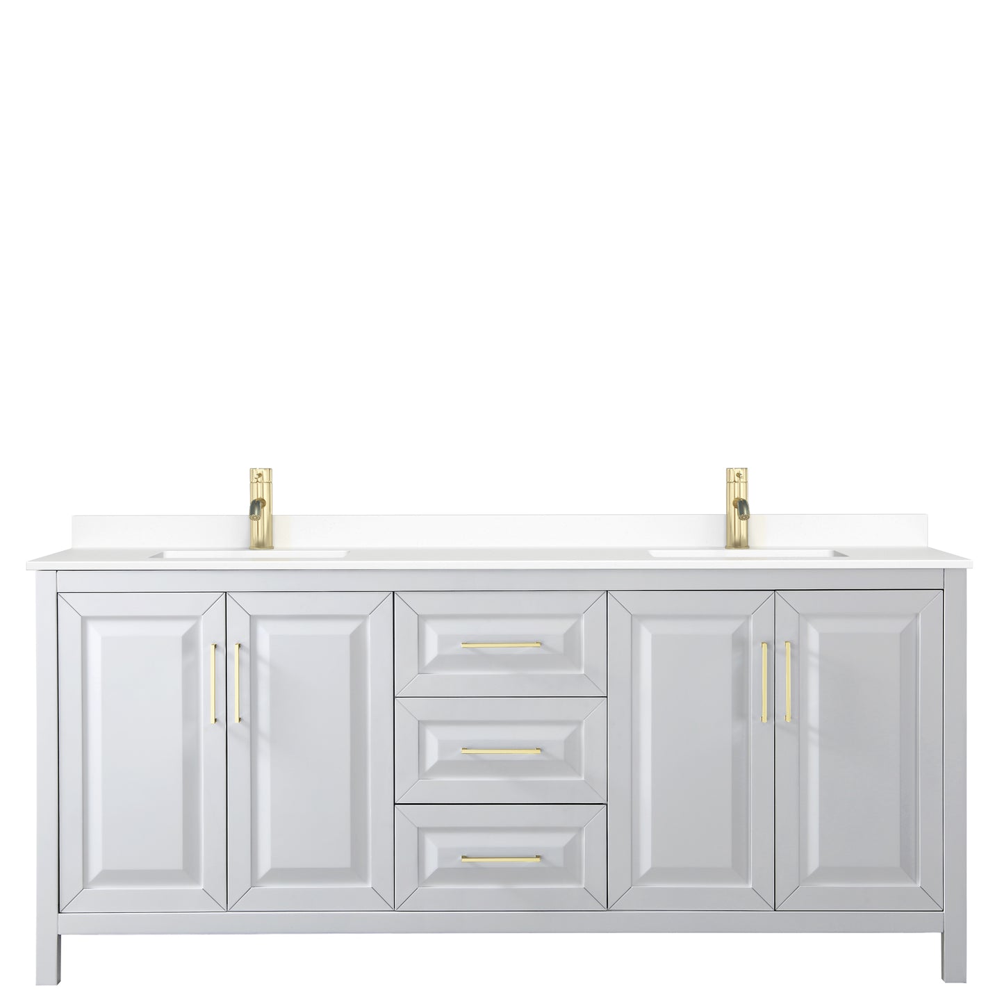 Daria 80" Double Vanity in White, White Cultured Marble Top, Gold Trim