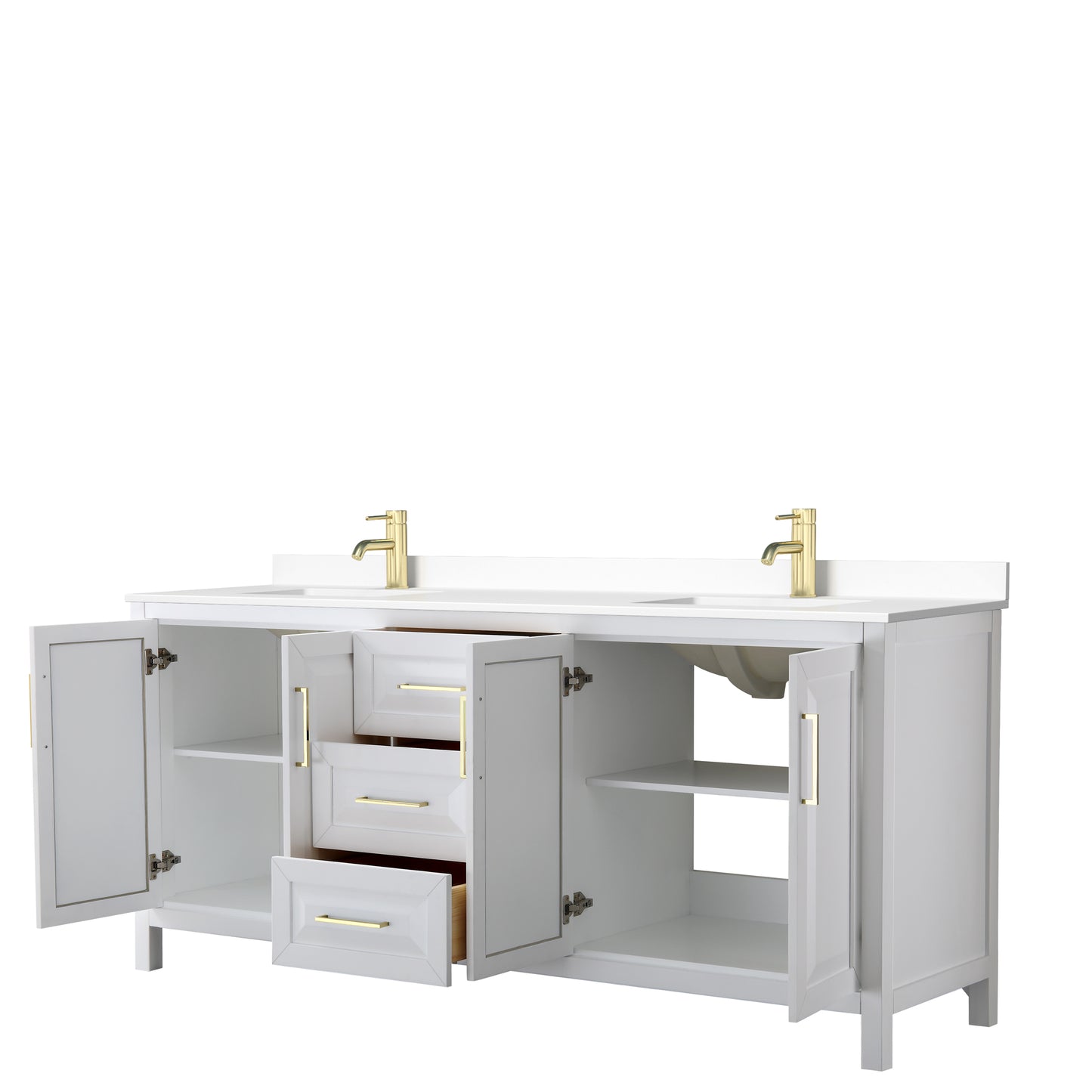 Daria 80" Double Vanity in White, White Cultured Marble Top, Gold Trim