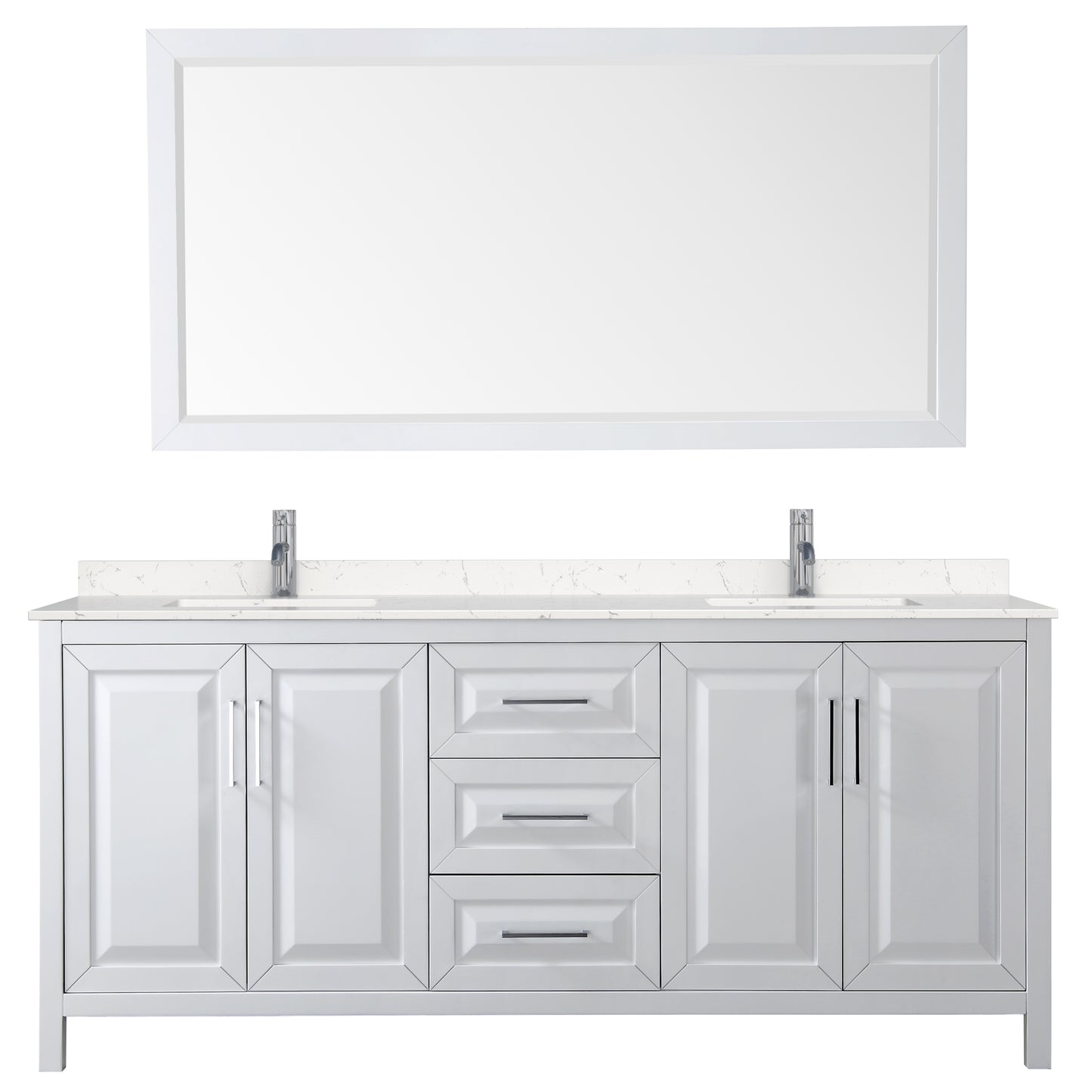 Daria 80" Double Vanity in White, Carrara Cultured Marble Top, Sinks, 70" Mirror