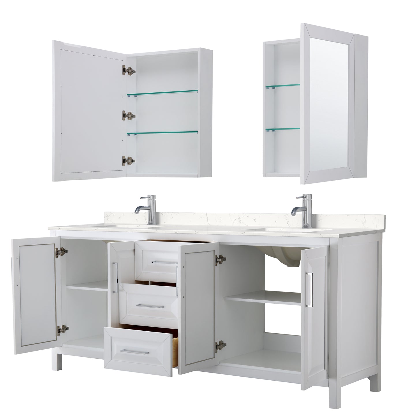 Daria 80" Double Vanity in White, Carrara Cultured Marble Top, Medicine Cabinets