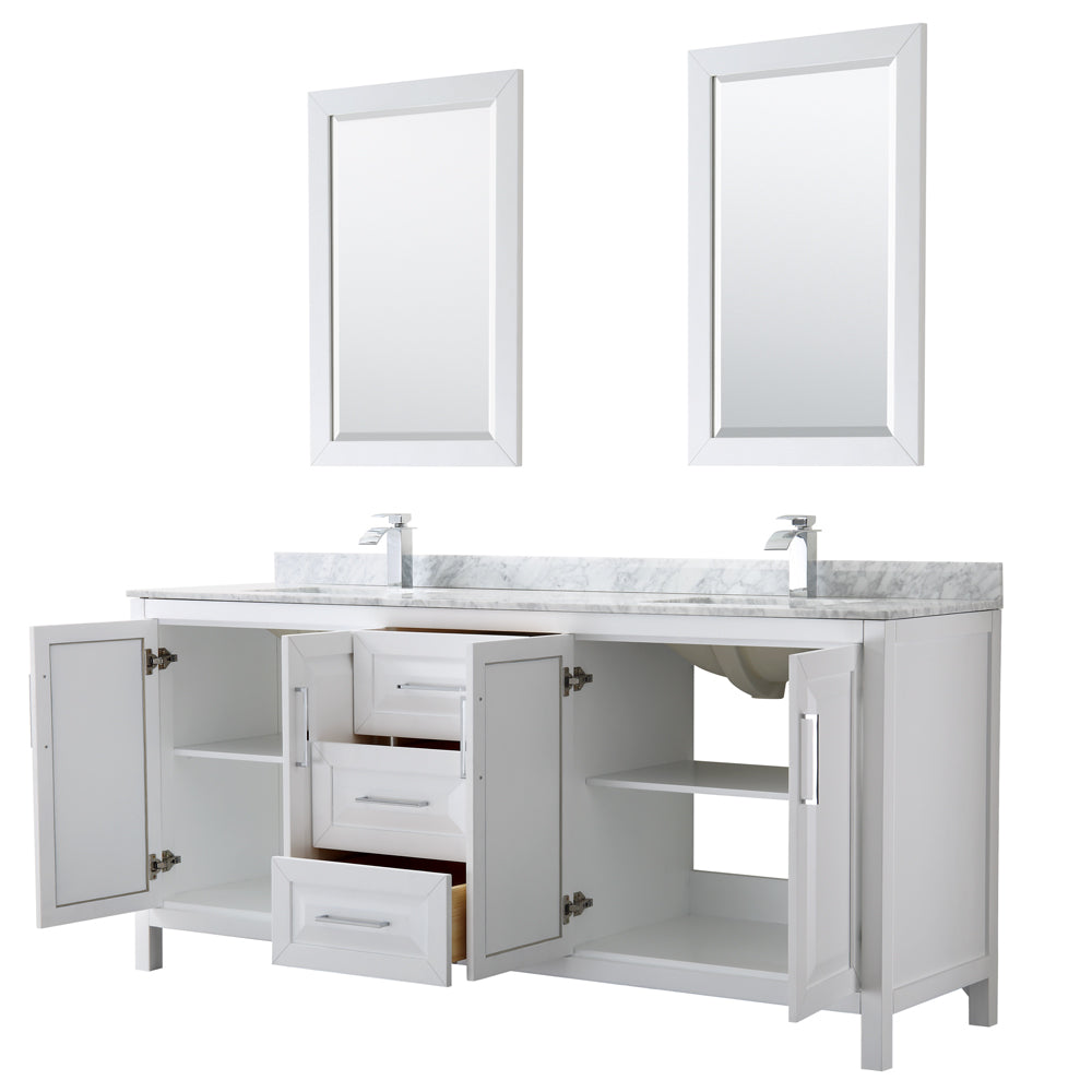 Daria 80" Double Vanity in White, Top, Square Sinks, 24" Mirrors