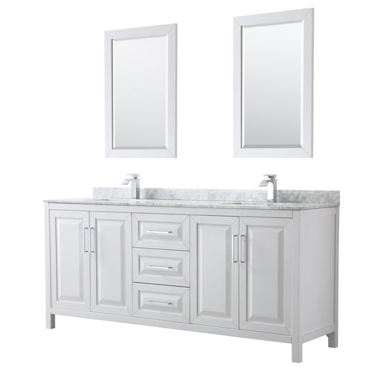 Daria 80 inch Double Bathroom Vanity in White, White Carrara Marble Countertop, Undermount Square Sinks, and 24 inch Mirrors