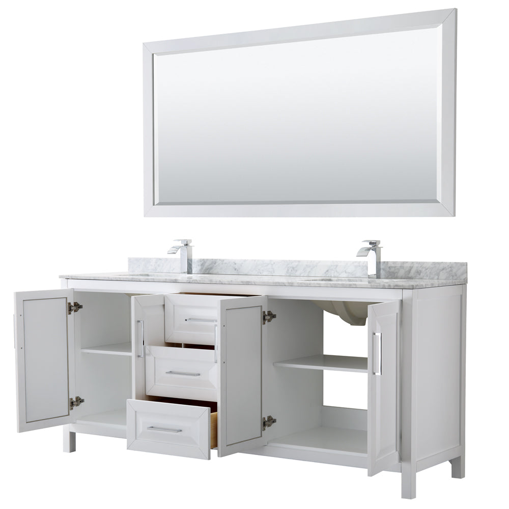 Daria 80" Double Vanity in White, Top, Square Sinks, 70" Mirror
