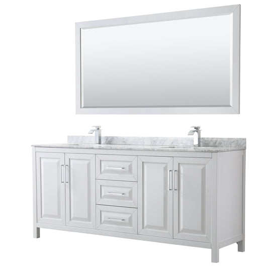 Daria 80 inch Double Bathroom Vanity in White, White Carrara Marble Countertop, Undermount Square Sinks, and 70 inch Mirror