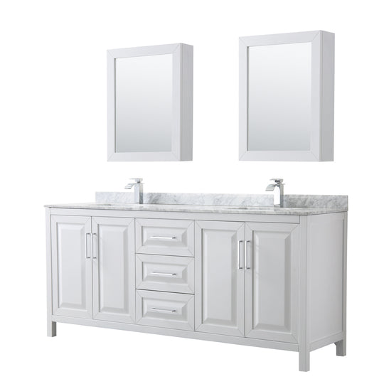 Daria 80 inch Double Bathroom Vanity in White, White Carrara Marble Countertop, Undermount Square Sinks, and Medicine Cabinets