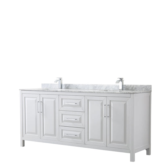 Daria 80 inch Double Bathroom Vanity in White, White Carrara Marble Countertop, Undermount Square Sinks, and No Mirror